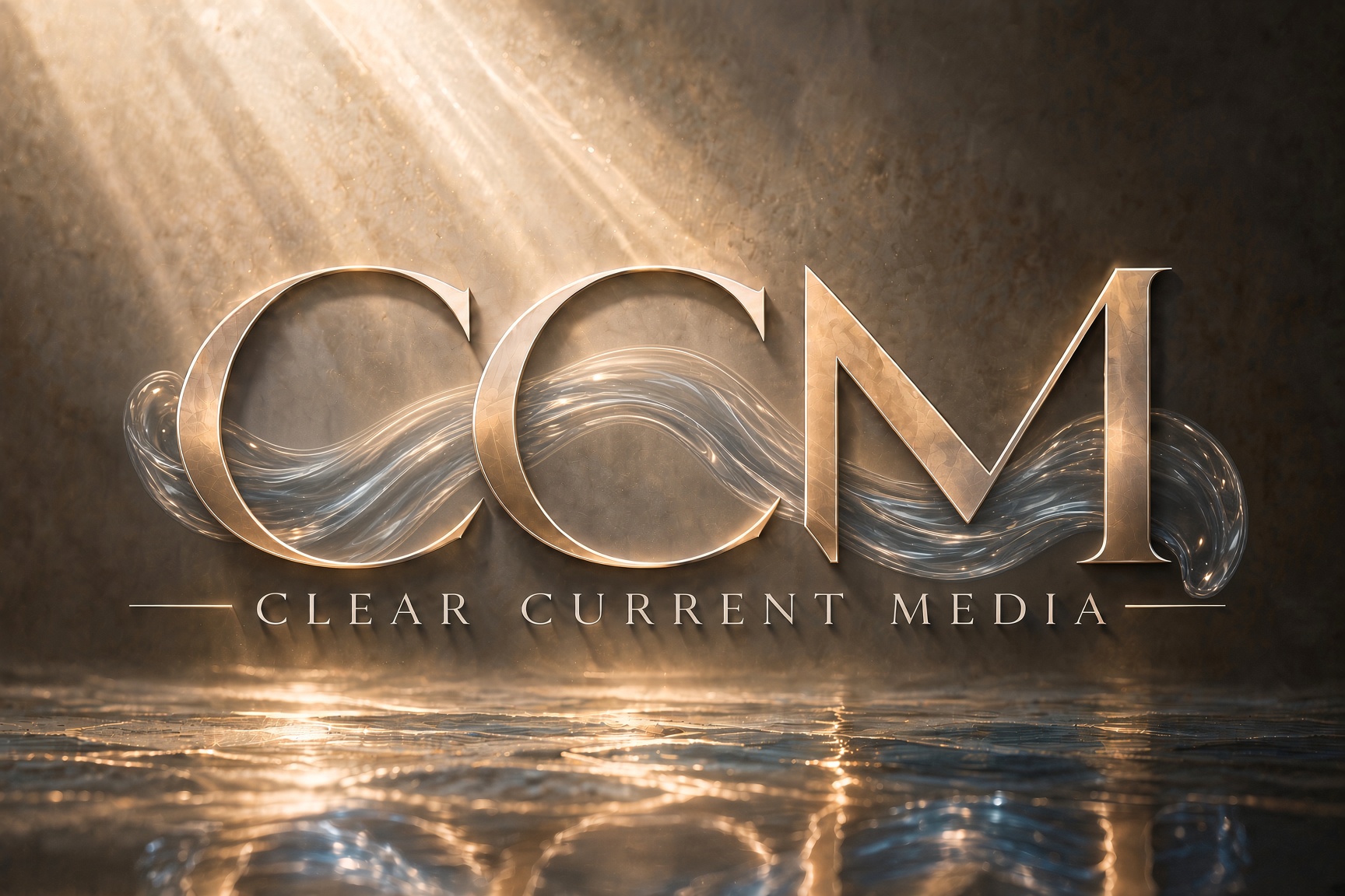 Gold CCM monogram, Clear Current Media, with a glass wave and light over dark water